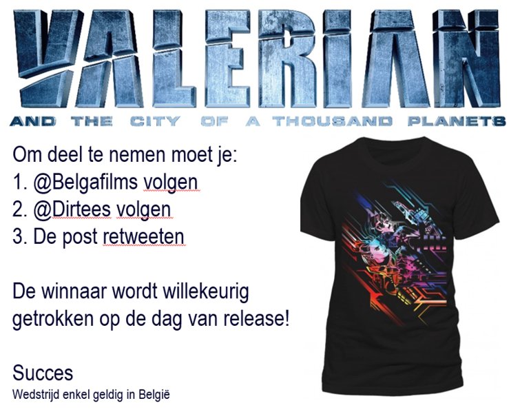 BelgaFilms's tweet photo. Om de release van #Valerian te vieren, geven we coole T-shirts van @Dirtees weg! Speel snel mee! #Lucbesson #wedstrijd #win #dirtees #movie https://t.co/zUdWUZfAXo