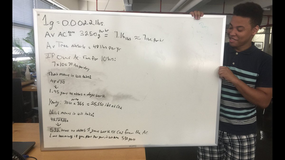 EcoLogicInc's tweet photo. Great #Intern project-average AC = 70lbs #carbon/10hrs Average #tree cleans 48lbs/year=532trees per day, per AC. #globalwarming to stay cool https://t.co/m5Vd546mSo