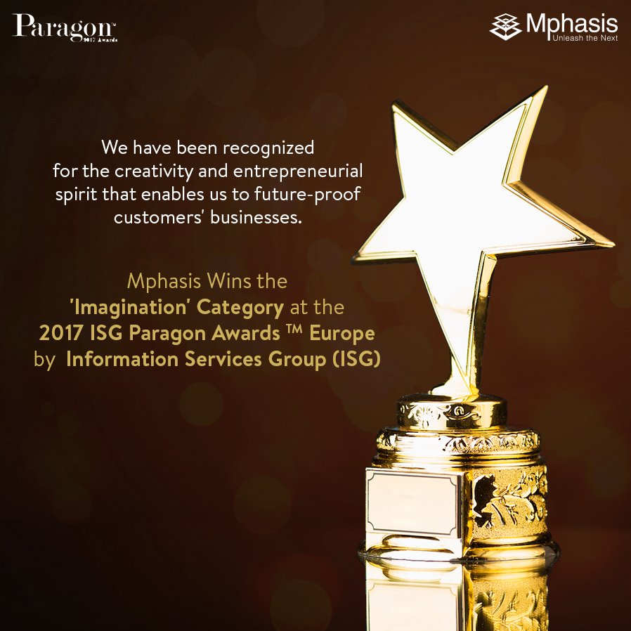 MphasisCareers's tweet photo. Proud to announce that #Mphasis has won the 2017 ISG Paragon #Awards Europe in the 'Imagination' Category. https://t.co/wSmuU1jAr7