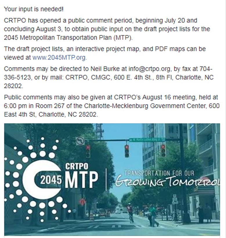 CLTRegionalTPO's tweet photo. Visit https://t.co/jIXlXu1xP8 for more on CRTPO's #2045MTP public comment period now thru 8/3 #CRTPOGrowingTommorrow #LetsTalkTransportation https://t.co/1MUg8NLmHU