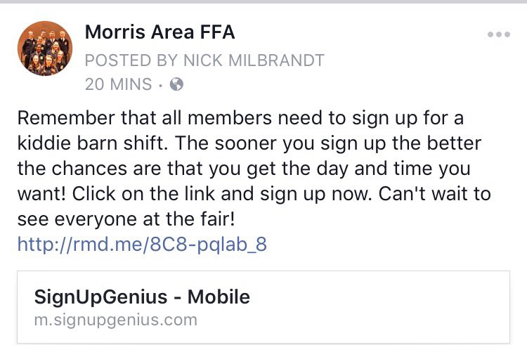 morrisareaffa's tweet photo. Hey FFA,ers! Here is the link to sign up for you shift at the kiddie barn! See you all soon! https://t.co/bOYfME8tBN https://t.co/Ww4ek8CrXr