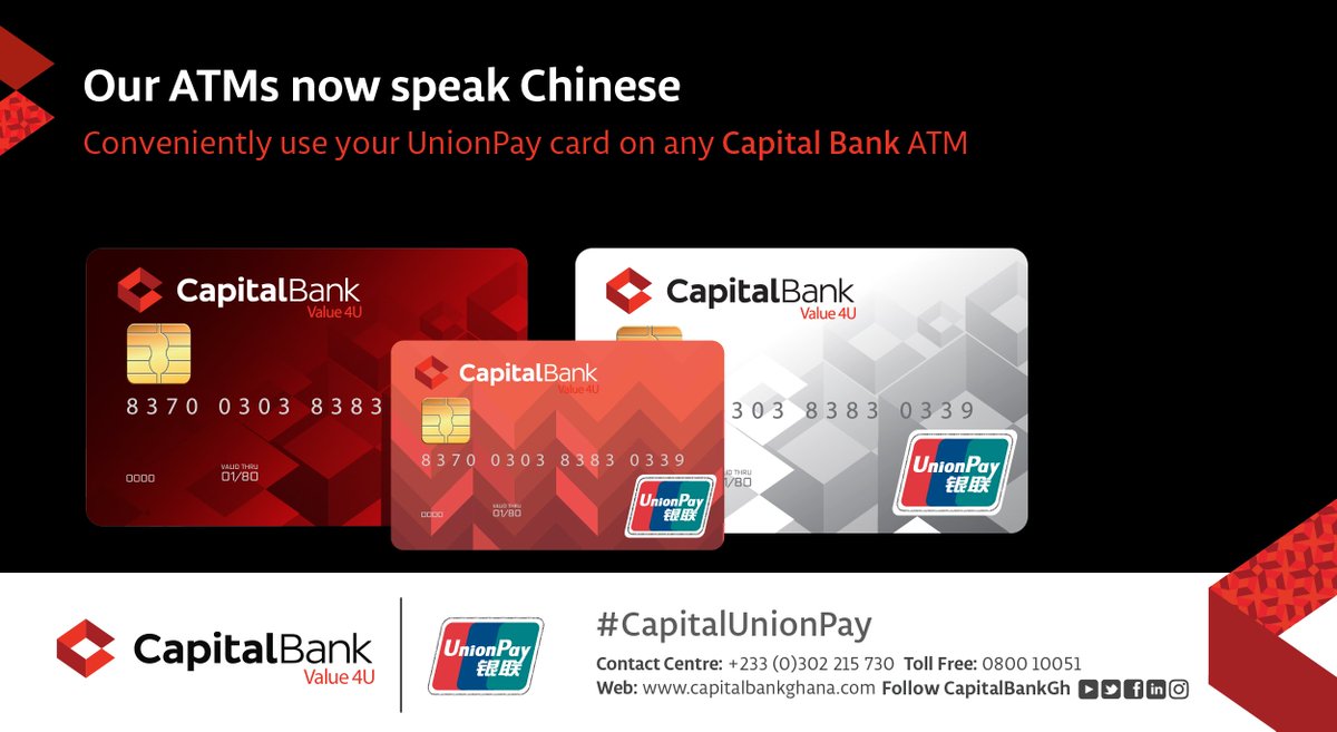 GCBBankPLC's tweet photo. Experience real #Value4U! All our ATMs now accept & process @UnionPay_Intl cards. ATM LocationsππΎ https://t.co/9NGTQwadP8 #CapitalUnionPay https://t.co/dlutfMu4m2