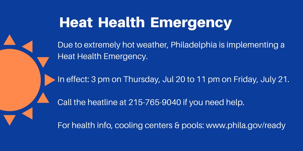PhilaOEM's tweet image. Heat Health Emergency declared by @PHLPublicHealth. Now through tomorrow night, 11pm. More info  ➡️bit.ly/2ufhjn1
