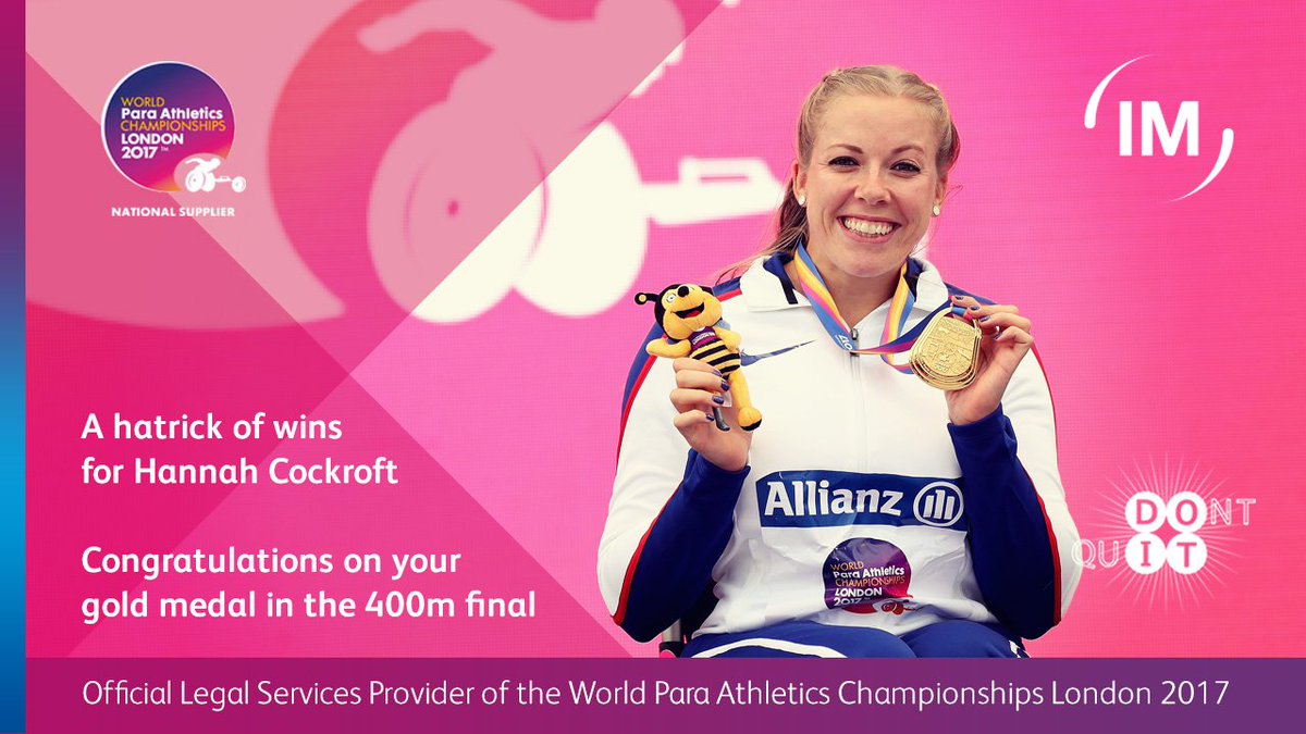 irwinmitchell's tweet photo. What a talent! It's a truly glorious third gold of the World @ParaAthletics Championships for @HCDream2012 in the 400m final #DontQuitDoIt https://t.co/8UlQ1FSnvb