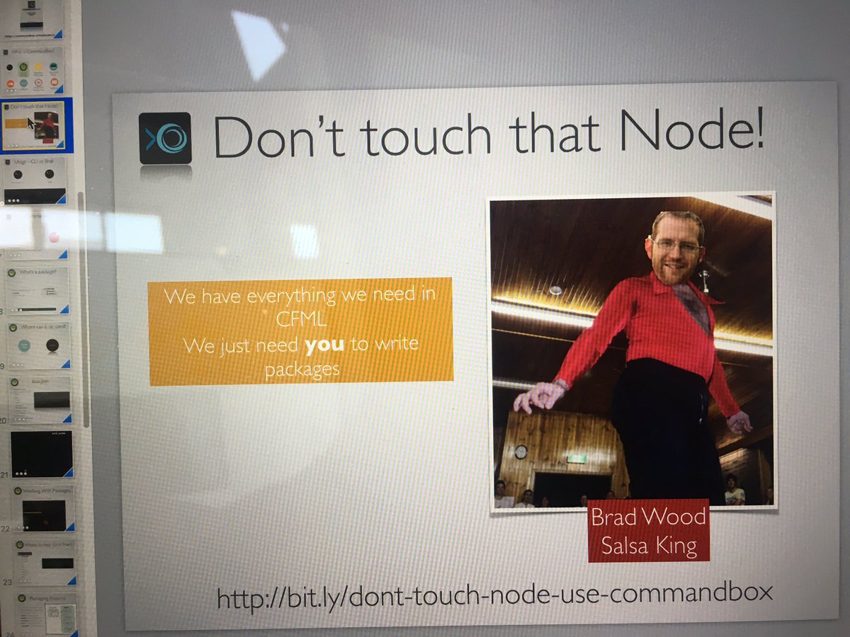 gpickin's tweet image. Don't touch that node!!! @lmajano presenting on #commandbox #forgebox at #cfObjective - #cfml #coldfusion @ortussolutions @bdw429s