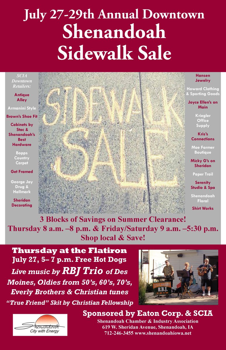 Shenandoah_IA's tweet photo. Shenandoah Sidewalk Sales and Thursday at the Flatiron Concert Sponsored by @eatoncorp ! https://t.co/HyKWPkPWqX