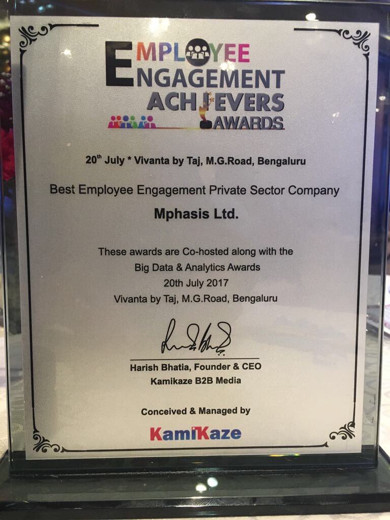 Mphasis's tweet photo. @Mphasis recognized as Best Employee Engagement Company in Private Sector. Happy to receive the award from @Kamikaze_B2B https://t.co/HUtTWjncXI