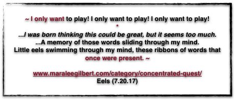 MaraLeeGilbert's tweet photo. New #ConcentratedQuest! Eels.7.20.17. More #DeepQuest posts@ https://t.co/1iPBzXOZBd #blogger #poet #thoughtoftheday #memory #words #spirit https://t.co/5rntzYsjRs