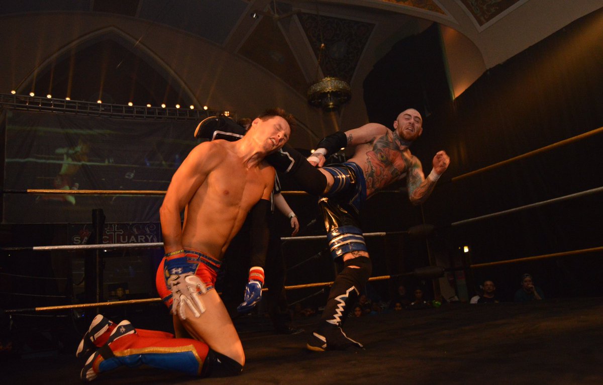 Blaxstrom1's tweet photo. #Buzzsawkick to try to finish off @StevieShields8x at Sanctuary in PA #dylanblack #dbtheghost #teamadams #prowrestling #tattooedwrestler https://t.co/Zo52hgLPN3