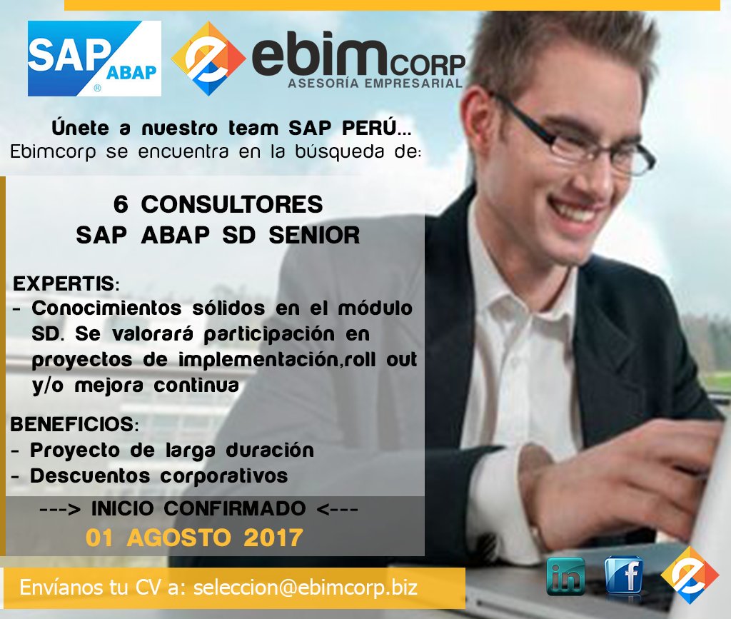 ebimcorp's tweet photo. Nos encontramos en la búsqueda de Consultores SAP ABAP SD Sr  para incorporación inmediata en proyecto
https://t.co/3Kslh3QMLo https://t.co/hEVCiXdXhB