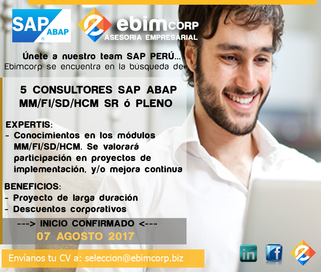 ebimcorp's tweet photo. Nos encontramos en proceso de convocatoria de 5 Consultores ABAP   para incorporación este mes de Agosto 2017
https://t.co/v06sM5tmTn https://t.co/s5dpHSj4ir