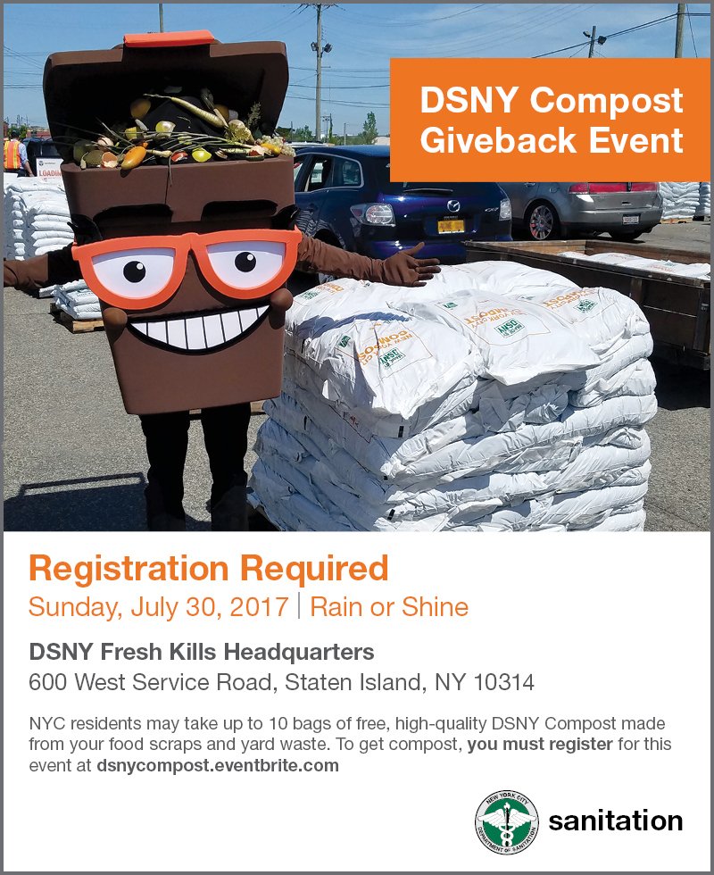 NYCzerowaste's tweet image. @TheCompostess Please tell your followers to register for the 7/30 Compost Giveback event to get free #DSNYcompost! dsnycompost.eventbrite.com