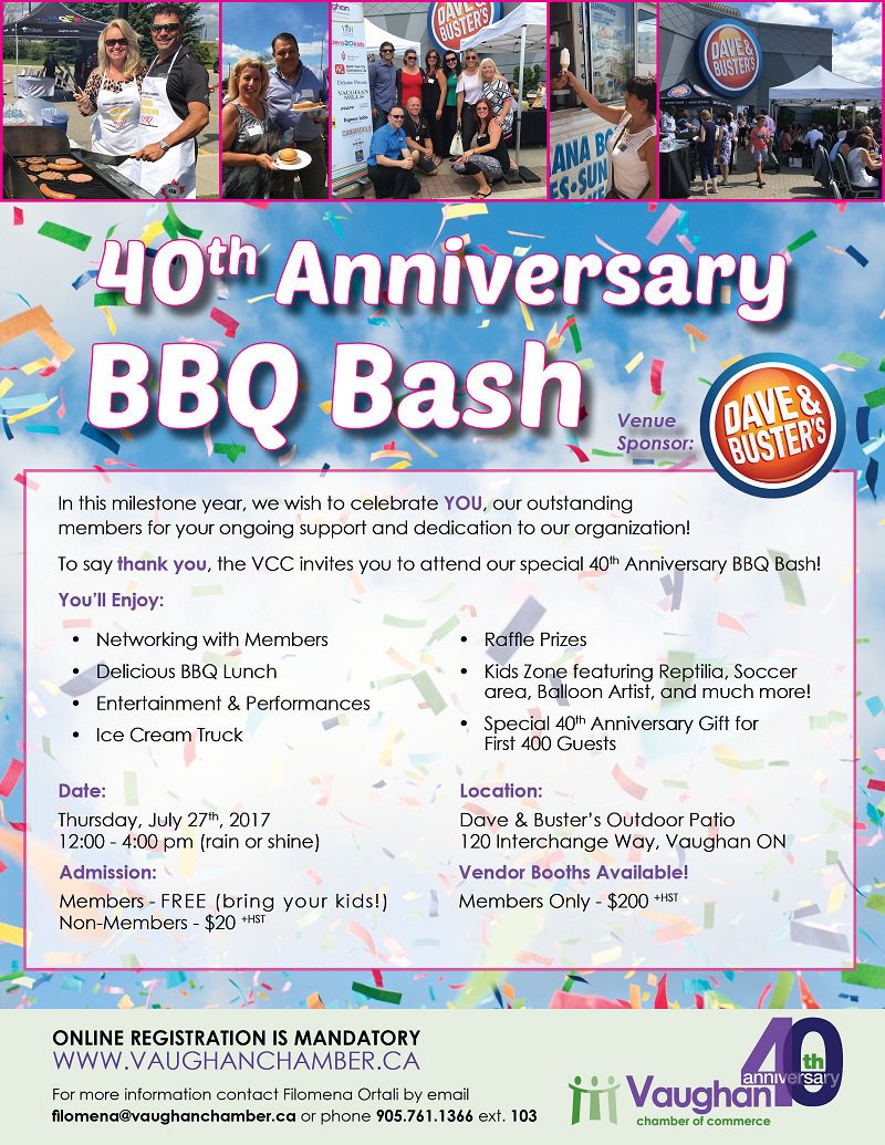 VaughanChamber's tweet photo. Only One Week Away! 🎉 Can't wait to celebrate with our members at our 40th Anniversary BBQ! Still time to register: https://t.co/OC2v1KREvw https://t.co/y3ySb4CKO8