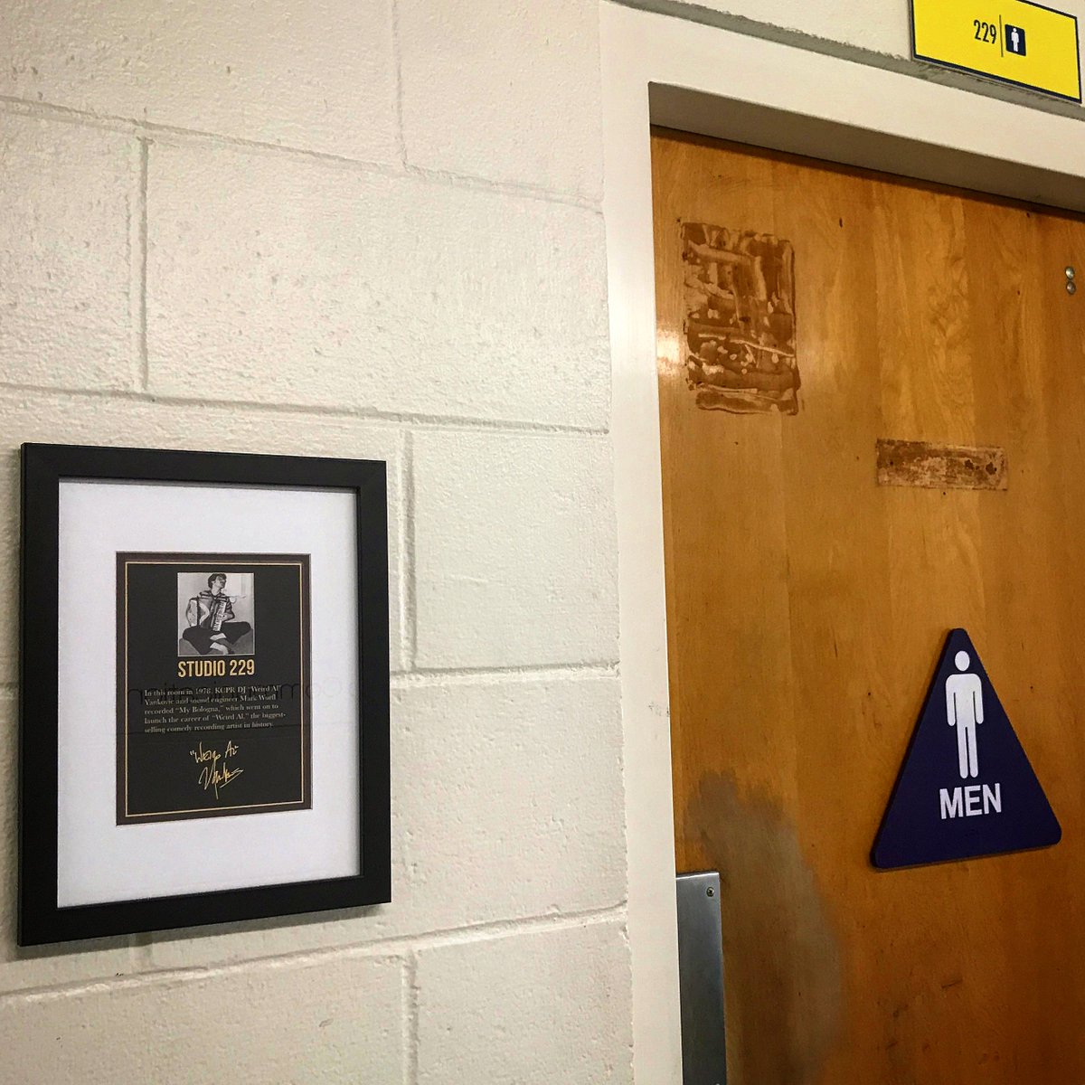 alyankovic's tweet photo. Just found out that my alma mater (Cal Poly) actually put a commemorative plaque next to the restroom where I recorded "My Bologna" in 1979. https://t.co/m11UsZMyMV