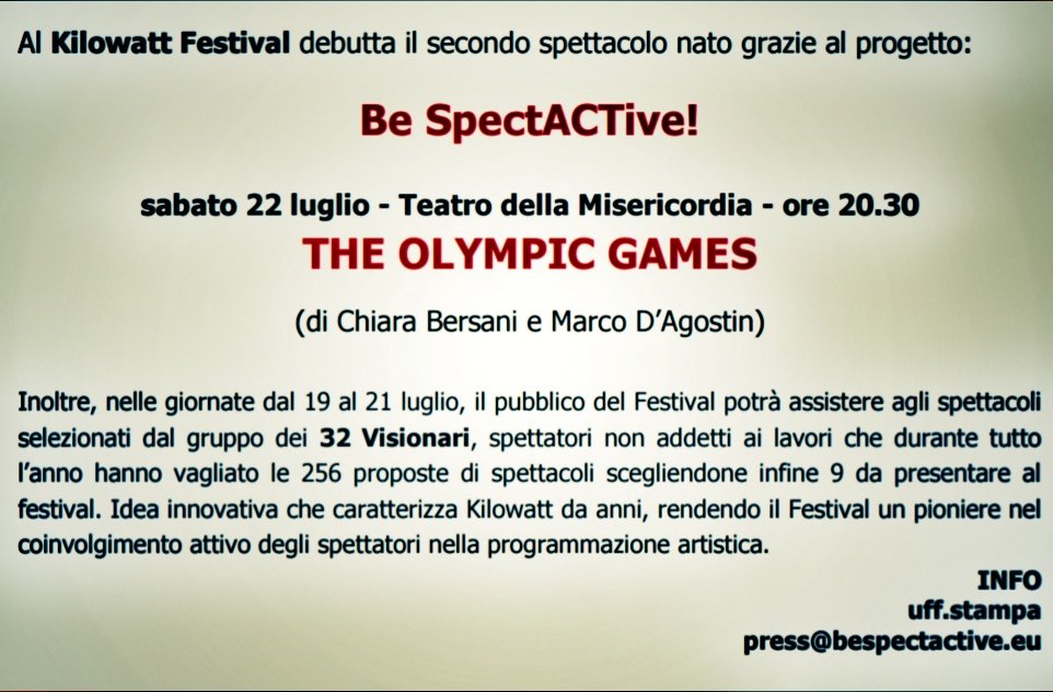 TAGteatro's tweet photo. ... sabato il secondo debutto di
Be SpectACTive al Kilowatt Festival
#teatro #kilowattfestival #bespectactive
#visionari https://t.co/RSfs09wLHT