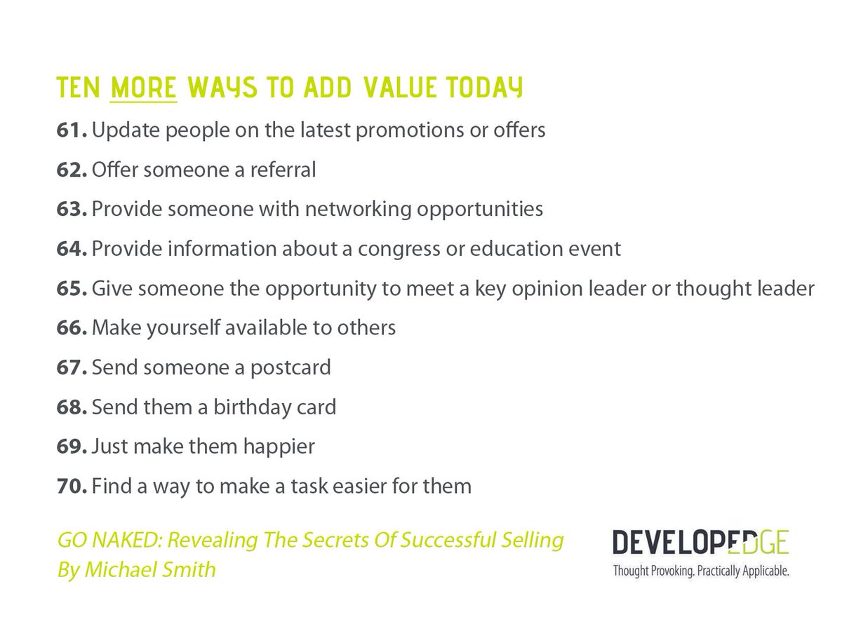 DevelopedEdge's tweet photo. Ways To Add Value: Numbers 51-60.
10 simple ways that you can create value at work or at home.  Which one will you start with? https://t.co/TtDNrUobOc