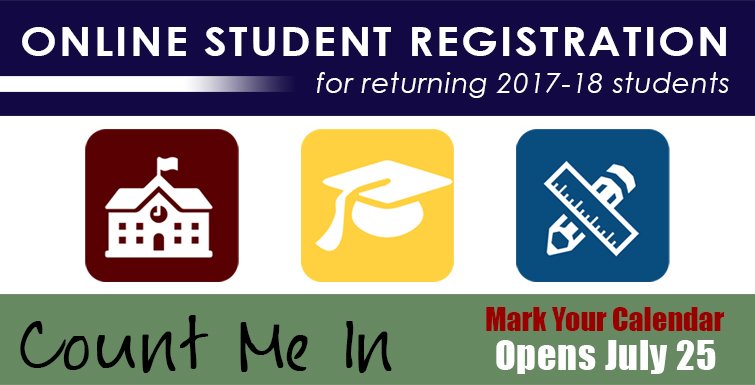 redoakisd's tweet photo. Don’t forget - #CountMeIn Online Registration for returning students for the 2017-2018 school year will open Tuesday, July 25! #WeAreRO https://t.co/CaLDwC8y6q