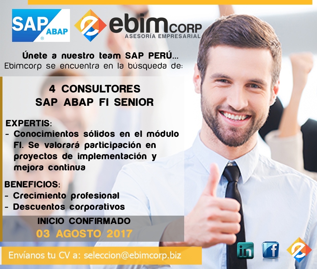 ebimcorp's tweet photo. INICIO CONFIRMADO 03 de AGOSTO 2017 
Envía tu CV a seleccion@ebimcorp.biz
Más convocatorias en--> https://t.co/VXTpJX0wqC https://t.co/oOvf9ik1Hr
