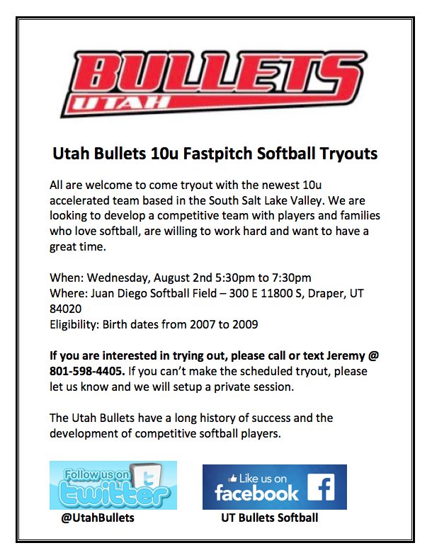 UtahBullets's tweet photo. Don't miss this tryout! The Utah Bullets have a long history of success and the development of competitive softball players.#softballtryouts https://t.co/ErFG32jADr