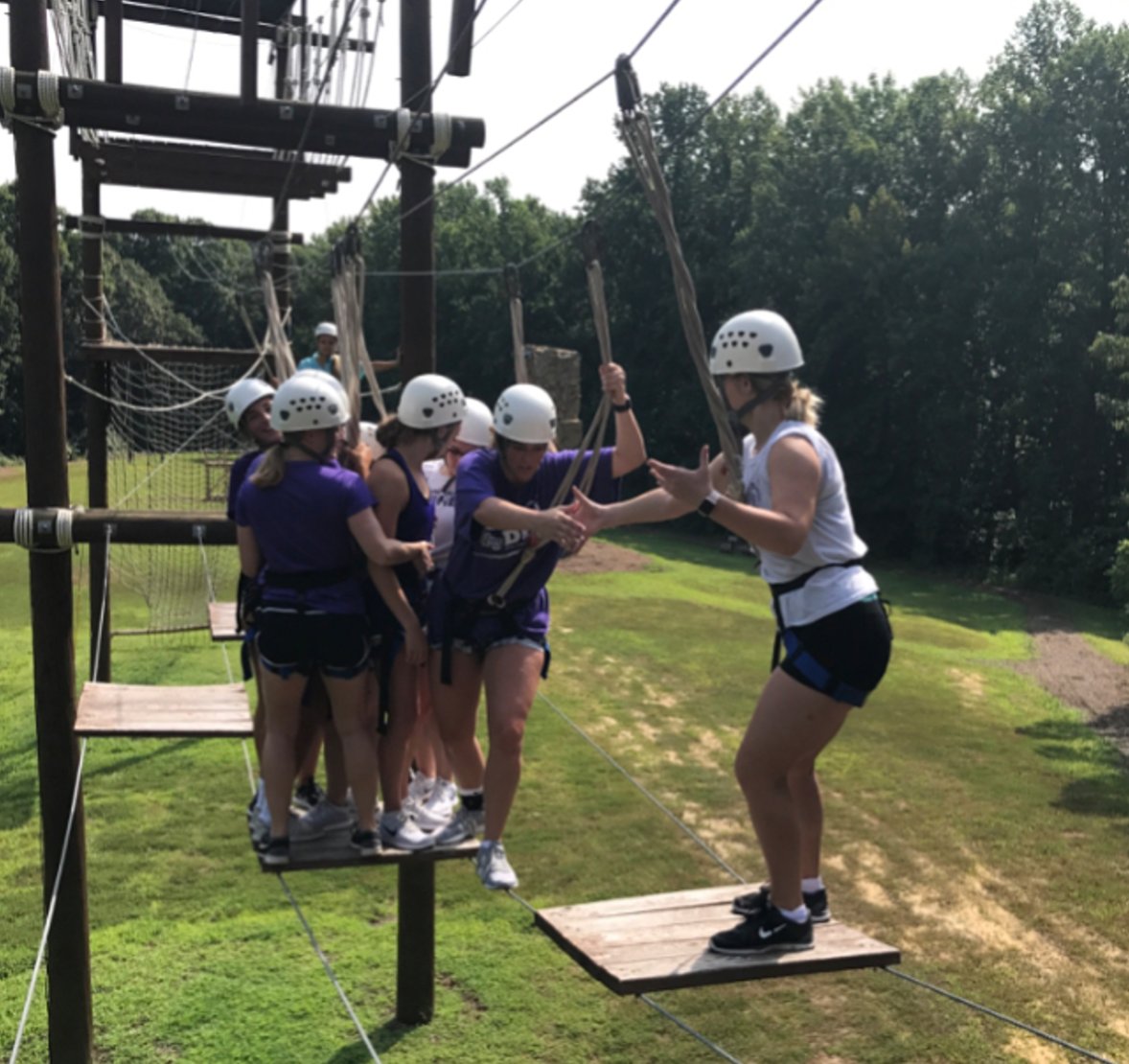 HighPointU's tweet photo. HPU Cheerleading crushed the ropes course earlier this week during a team building session with @HPUREC! #HPU365 #HPUFamily #HPURec https://t.co/e3OdZWLqbv