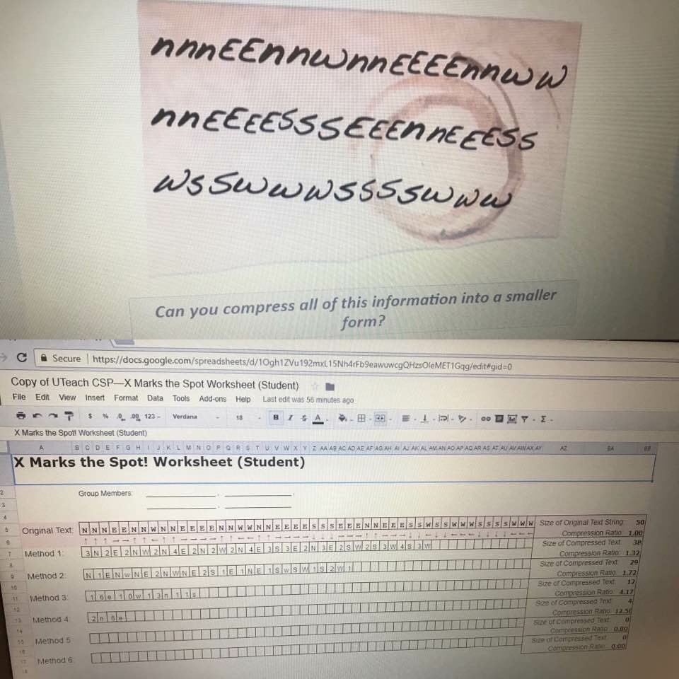 racheldcole's tweet photo. Compressing pirate map instructions. Arr, X Marks the Spot! #UTeachCSPDallas #infy @InfyFoundation @UTeachCS https://t.co/kr01ttemXD