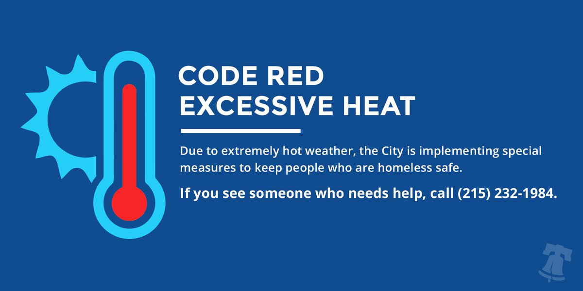 PhiladelphiaGov's tweet image. Due to excessive heat, @PHLCityHomeless has declared a Code Red. If you see someone on the street in distress call outreach at 215-232-1984.