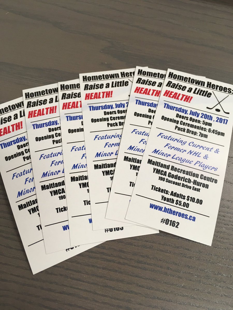 YMCAGoderich's tweet photo. Tickets for tonight's game are selling fast! Get yours at the Y. @htheroes2017 #raisealittlehealth https://t.co/BvuQLinJLf