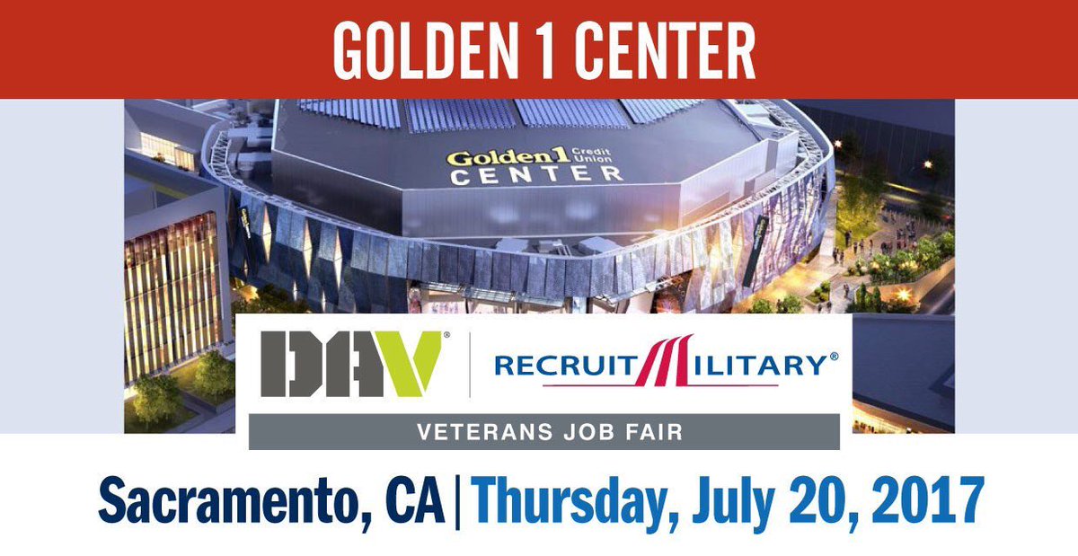 RecruitMilitary's tweet photo. We are gearing up for you, #Sacramento. The @DAVHQ RecruitMilitary #Veterans Job Fair starts at 11a at the @Golden1Center. https://t.co/ybVnO7GDpN