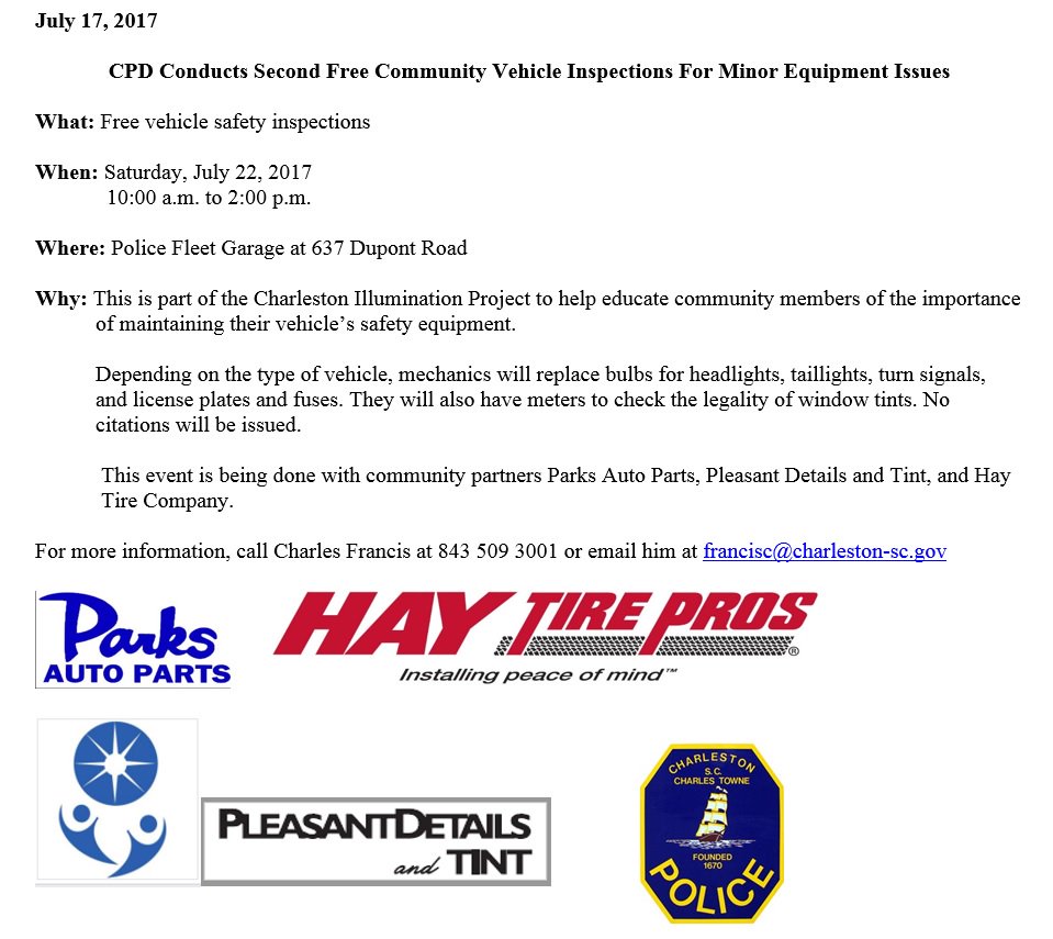 CarterCoyleMUSC's tweet image. Woo hoo! @CharlestonPD &amp;amp;partners offering free minor car inspections. This Saturday, July 22, 10am-2pm @637 Dupont R. #IlluminationProject
