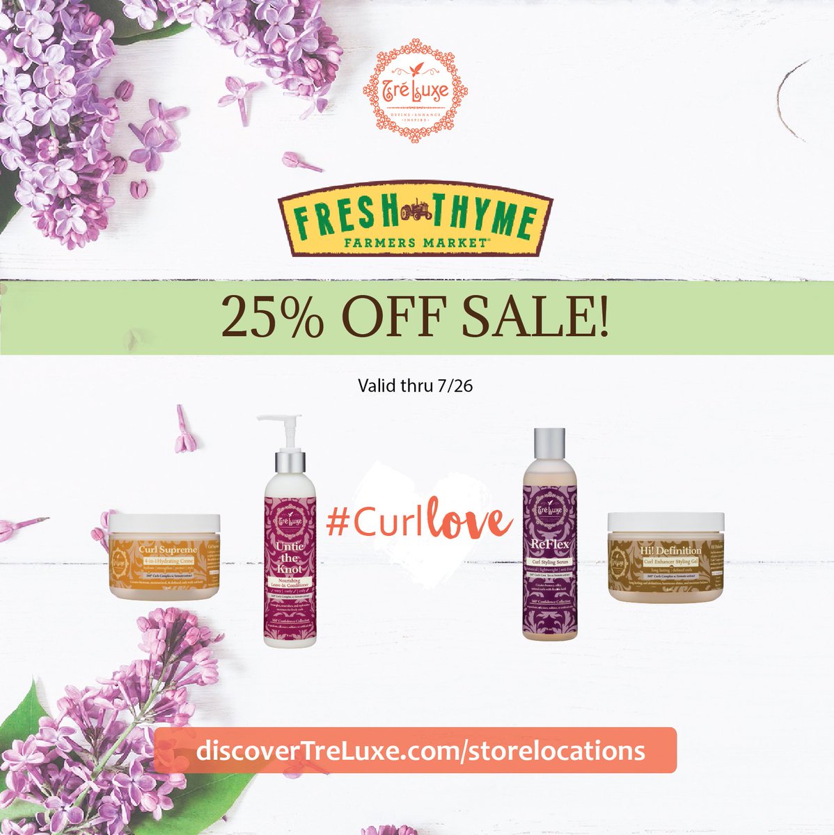 25% OFF at #FreshThyme! Looking to stock up or give TréLuxe curl care products a try? Get moving to your local <a href="/FreshThymeFM/">Fresh Thyme</a> store by 7/26!