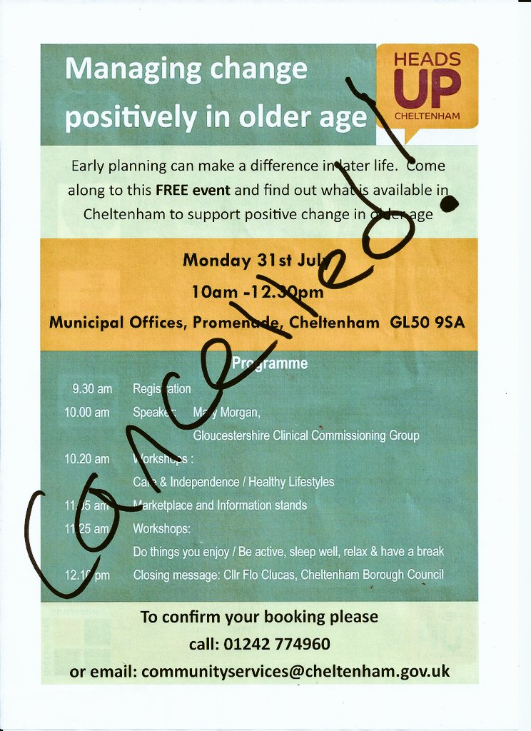 CheltScv's tweet photo. Due to insufficient bookings, the 31/7/17 Managing Change event is now cancelled but join us to CELEBRATE positive ageing throughout 2018! https://t.co/vFH6vbUToM