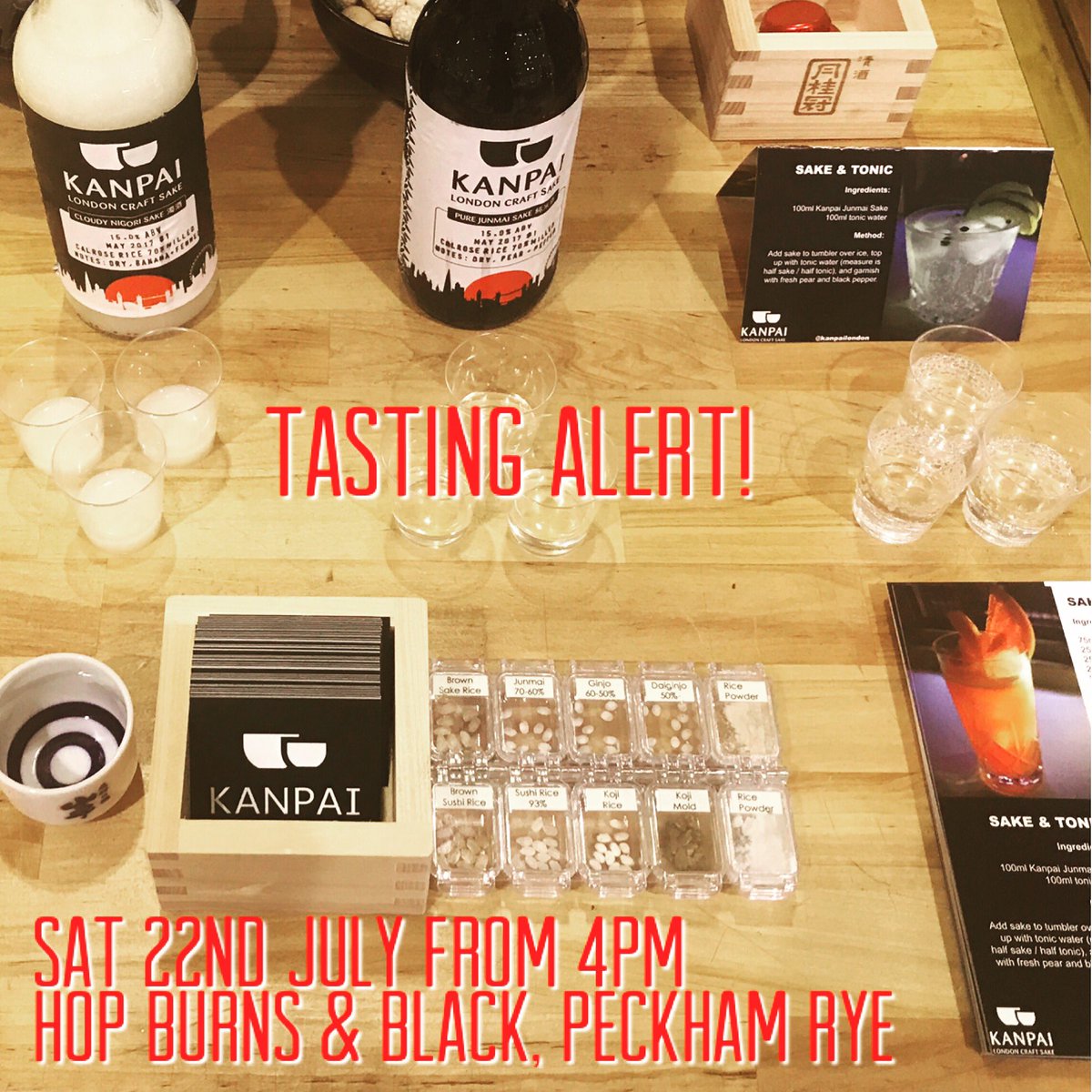 KanpaiLondon's tweet photo. This Saturday we're excited to pour free tasters and chat about our world of #sake brewing @hopburnsblack #peckham #lovelocal #locallaunch https://t.co/0WmwUXA6Ql