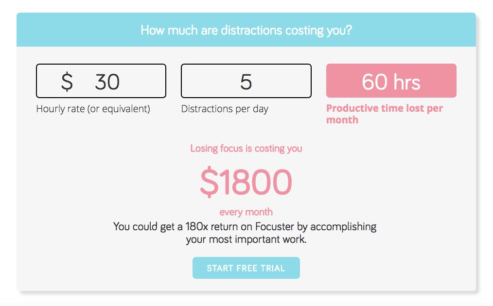 focusterapp's tweet photo. Calculate how much are distractions costing you? 
https://t.co/nNf598OwAn

#focuster #productivity #entrepreneur https://t.co/u0sDDMJkgb