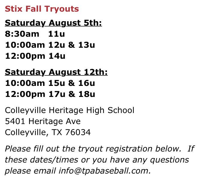 Stix Baseball Club tryouts have been posted! RT and help us pass the word! Register at texasstix.com. #StixFam #StixBaseball