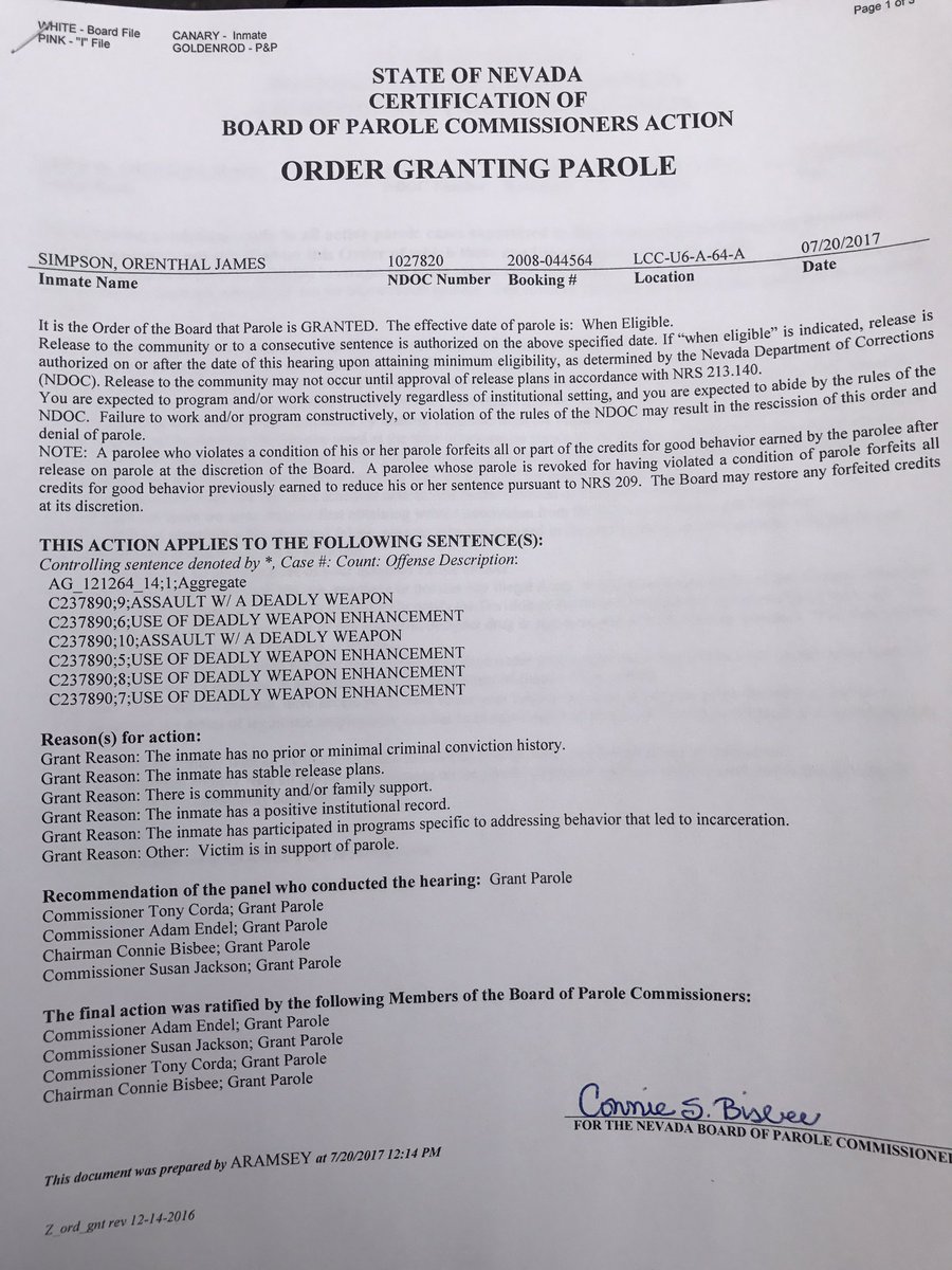 WildAboutTrial's tweet photo. OFFICIAL DOCUMENT: Here is the official order granting parole to #OJSimpson @WildAboutTrial https://t.co/ZLVbmZc1C8
