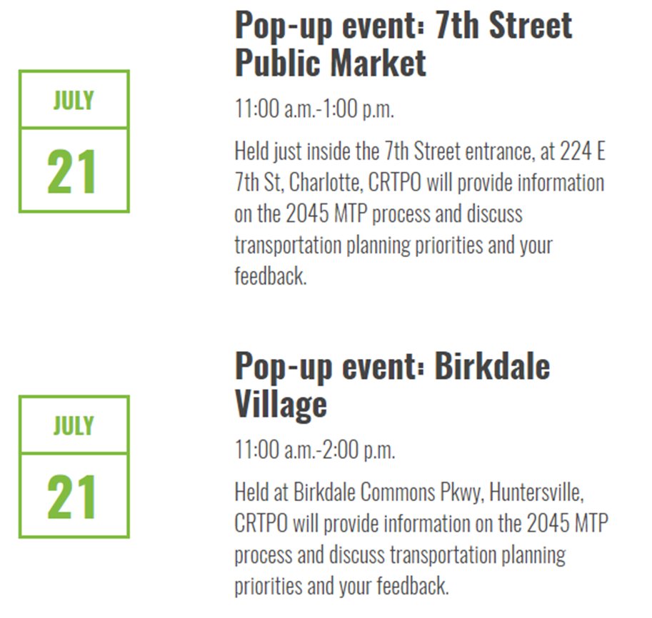 CLTRegionalTPO's tweet photo. 2 chances to #TalkTransportation tomorrow 7/21 at @7thPublicMarket and Birkdale Village. Both begin at 11am. #2045MTP #CRTPOGrowingTomorrow https://t.co/lwOhcOrX62