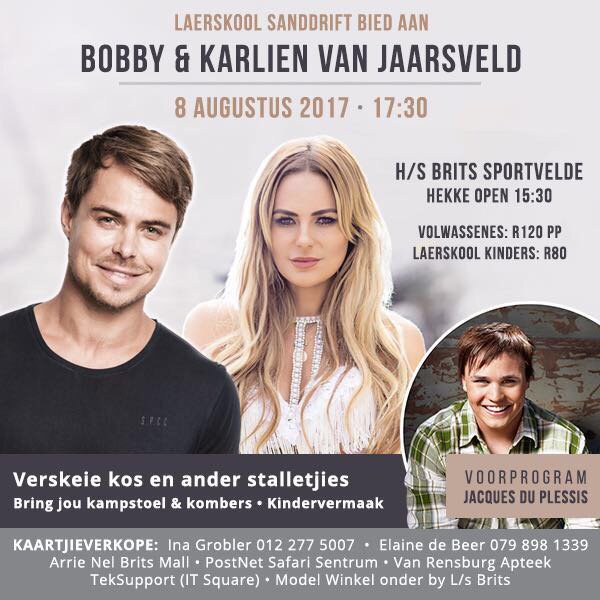 🎤Shows:
08 Aug 17:30 | BRITS | H/S Brits sportvelde | Kaartjies R80-R120pp | Ina (012)2775007 Elain 0798981339