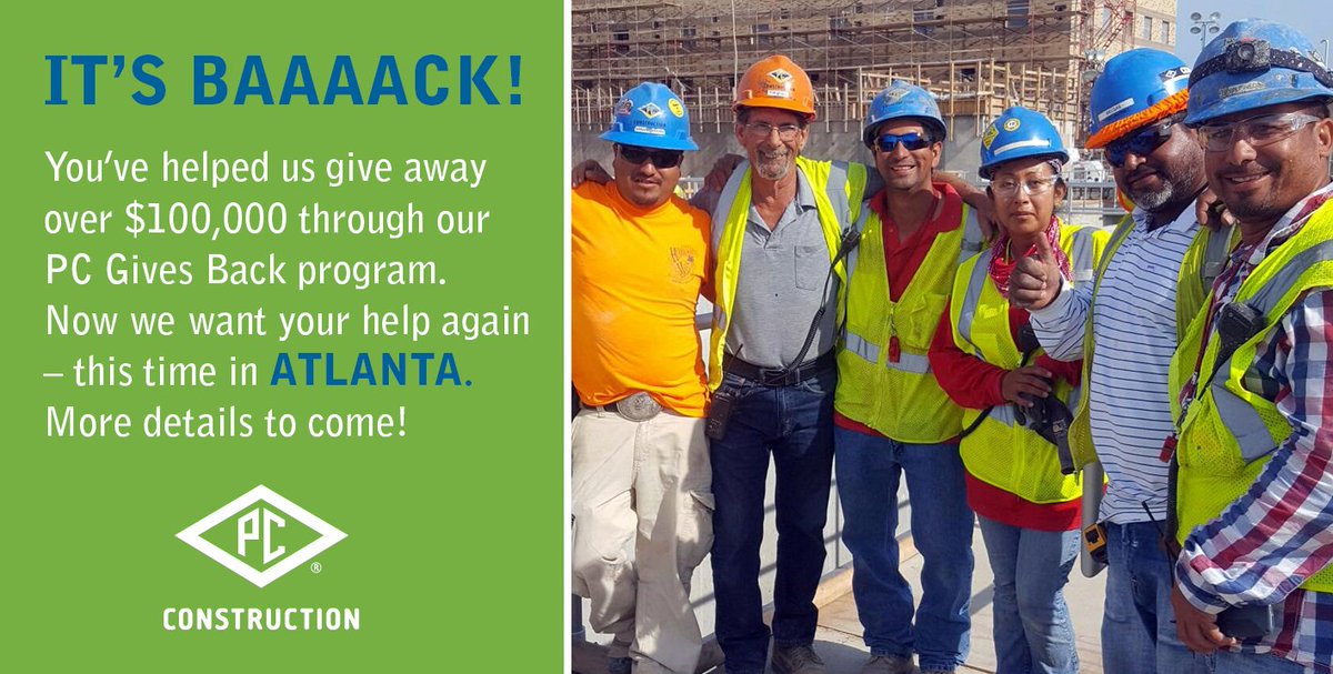 _PCConstruction's tweet photo. Almost start time for our next donations contest! Stay tuned Monday for a chance to vote for your favorite #Atlanta #nonprofit! #PCGivesBack https://t.co/zUYpzUiyId
