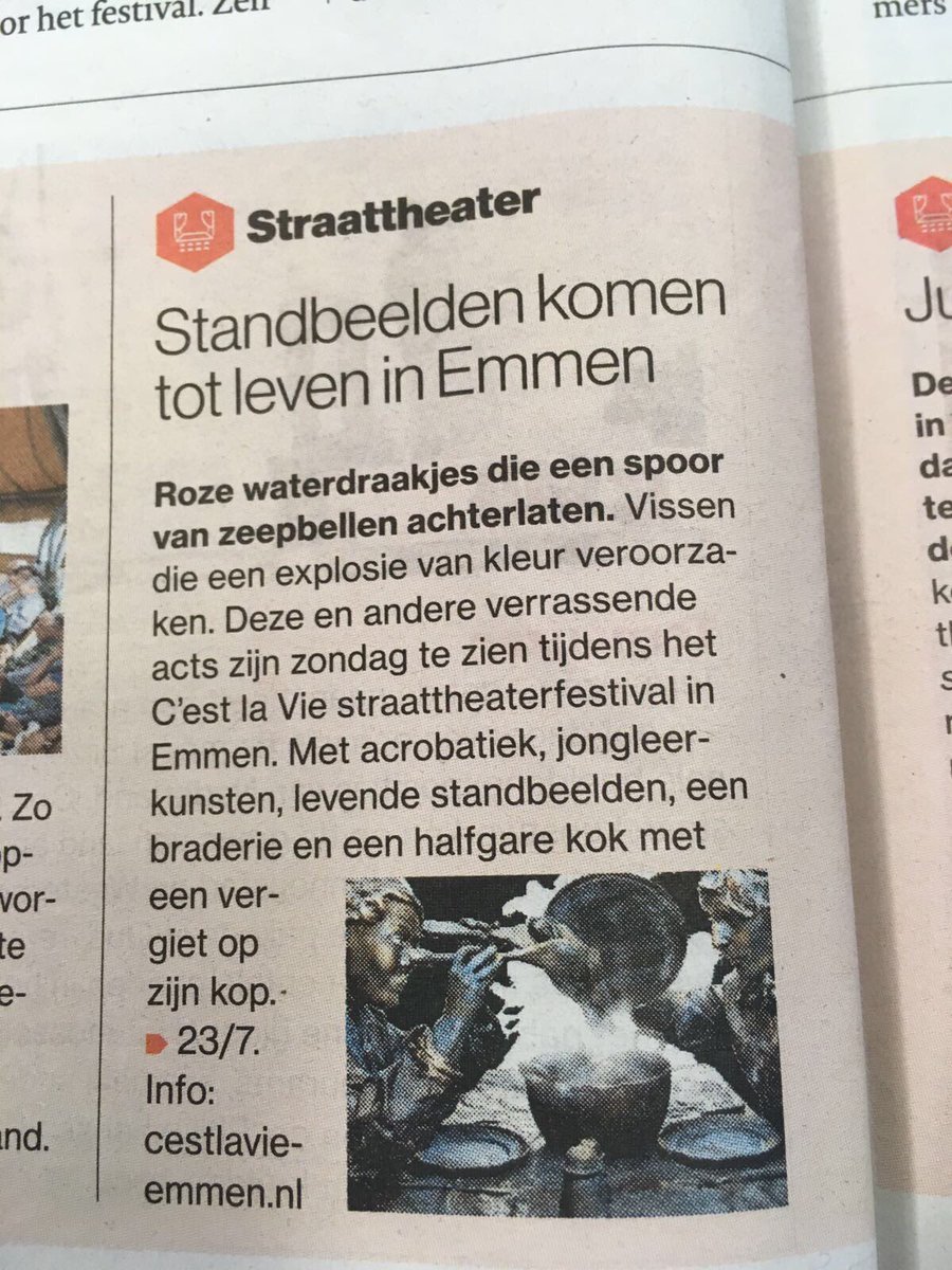 Hopla! 🎭 #Emmen in het #algemeenDagblad #straattheater #Cestlavie <a href="/emmenmaakhetmee/">Emmen. Maak het mee!</a> <a href="/GemeenteEmmen/">Gemeente Emmen</a> #festival #cultuur #gratis