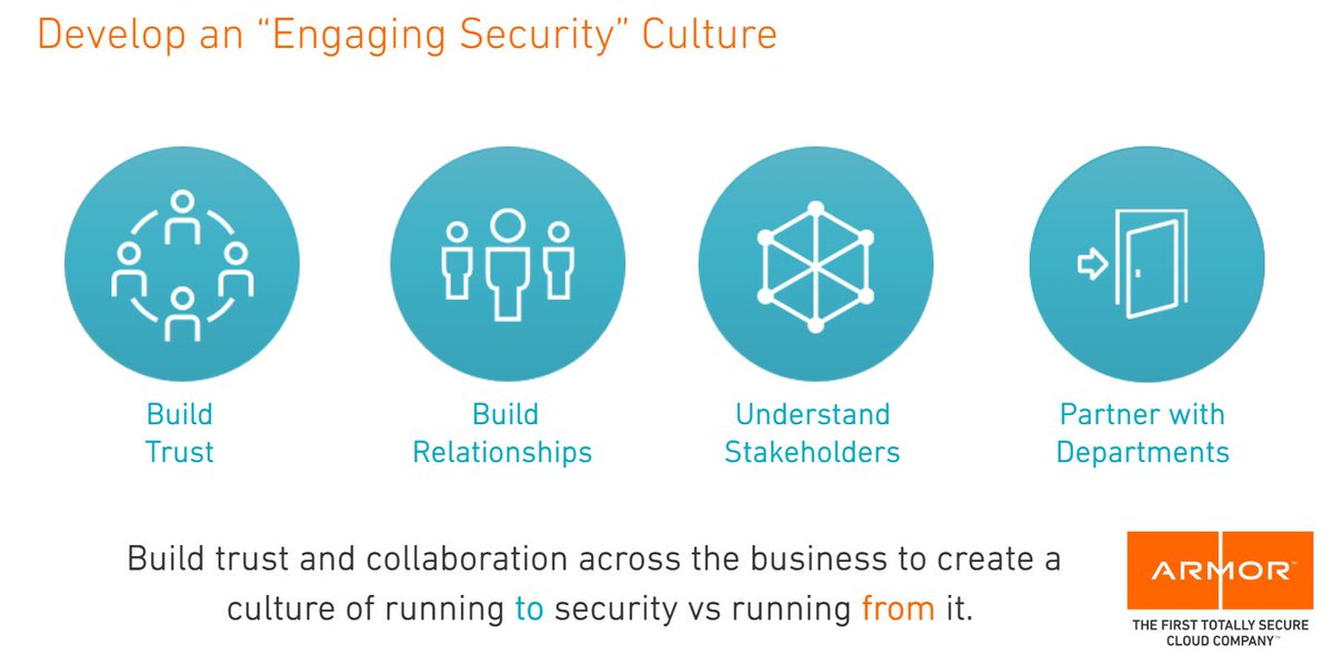 Armor's tweet photo. "Build trust & collaboration across the business to create a culture of running TO #security vs. running FROM it." #cyber #ArmorLive https://t.co/Vw4d3wjhGE