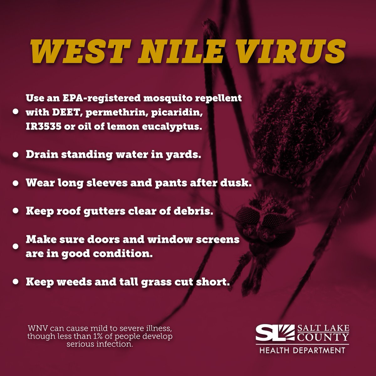 West Nile virus has been detected in #SLCo. Take extra precautions to avoid mosquitoes. Read our press release: goo.gl/b8nQm8
