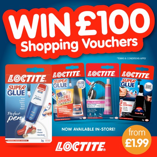 bmstores's tweet photo. 🙌 #COMPETITION ENDS TOMORROW 🙌
FLW/RT for a chance to #WIN £100 of B&amp;M shopping vouchers thanks to Loctite!
Competition ends 08:00 21/7/17. https://t.co/IFMgogWcHZ