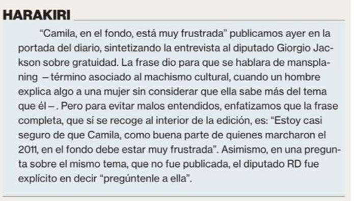 GiorgioJackson's tweet photo. Acá el "Harakiri" q hace @La_Segunda, rectificando el titular que sacó de contexto ayer sobre mi mención a @camila_vallejo. Agradecería RT. https://t.co/mRSPk0FArb