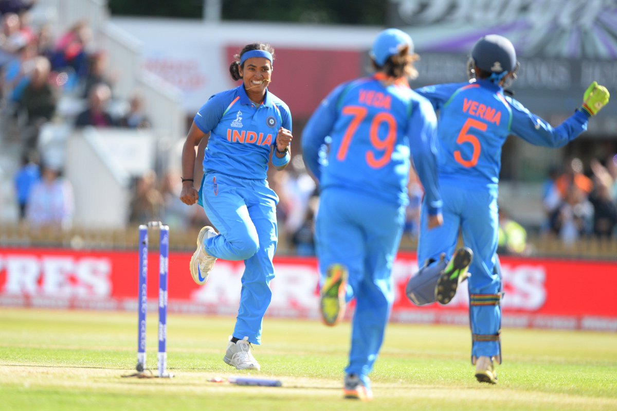 ICC's tweet photo. INDIA REACH THE #WWC17 FINAL! Harmanpreet Kaur's 171* sets up a brilliant 36 run win over Australia in Derby! #AUSvIND https://t.co/p8n5sBGp9i