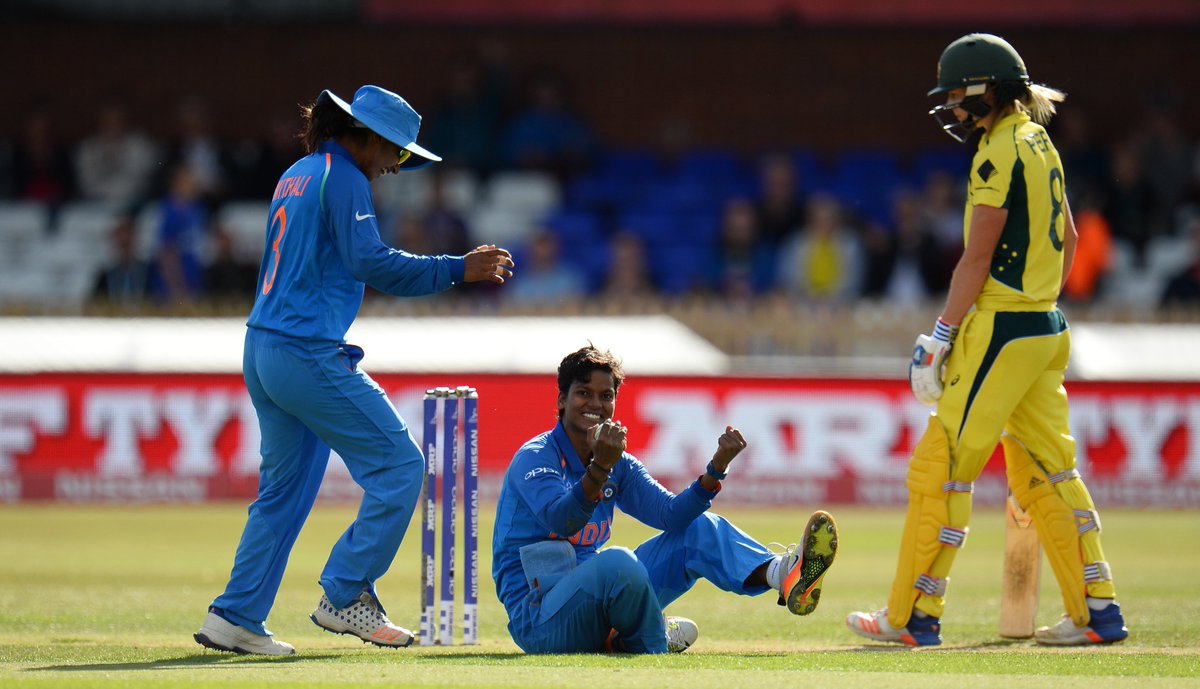 ICC's tweet photo. INDIA REACH THE #WWC17 FINAL! Harmanpreet Kaur's 171* sets up a brilliant 36 run win over Australia in Derby! #AUSvIND https://t.co/p8n5sBGp9i