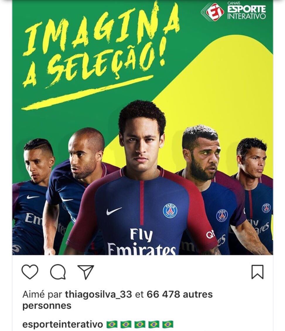 ActuFoot_'s tweet image. Quand Thiago Silva like Neymar sous le maillot du PSG sur Instagram.