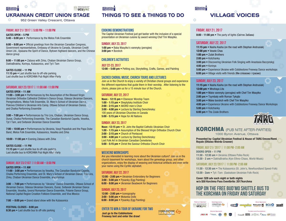CapUkrFestival's tweet photo. Plan your visit to the Capital Ukrainian Festival by using our handy one page schedule. Music, dance, after-parties, cooking shows, and more https://t.co/Kmkp2G6BgT