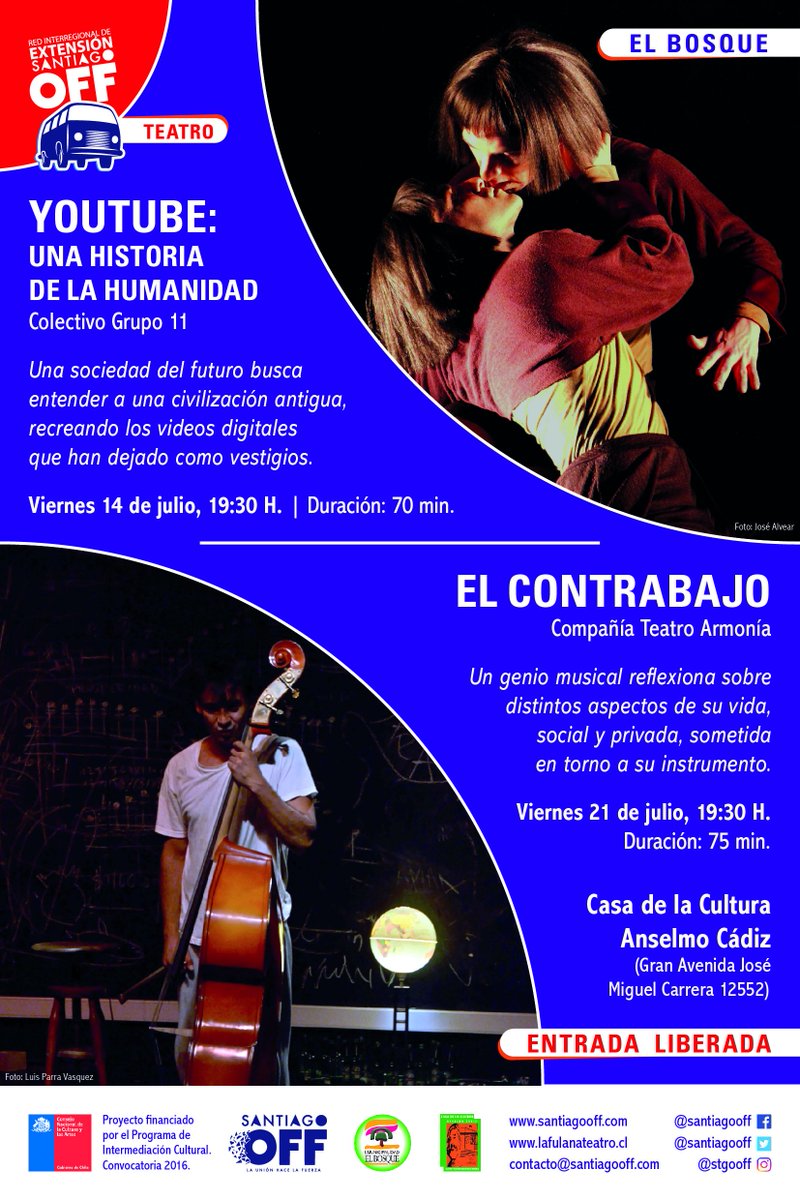 santiagooff's tweet photo. #RedStgoOff Mañana se presenta la obra #ElContrabajo de @TeatroArmonia a las 19:30 H en Casa de la Cultura de El Bosque. Entrada liberada! 🎻 https://t.co/1YtSFjRf1F