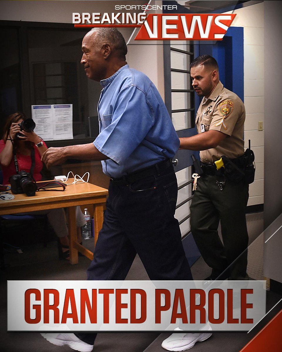 SportsCenter's tweet photo. Breaking: O.J. Simpson has been granted parole nine years into a 33-year sentence; could be released as early as Oct. 1st. https://t.co/K9ARkDOcu0
