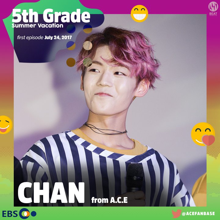 ACEFanBase's tweet image. Chan will make his debut as an MC on "5th Grade Summer Vacation"
First episode July 24, 2017 on EBS 😃⭐️😚

#ACE #Chan